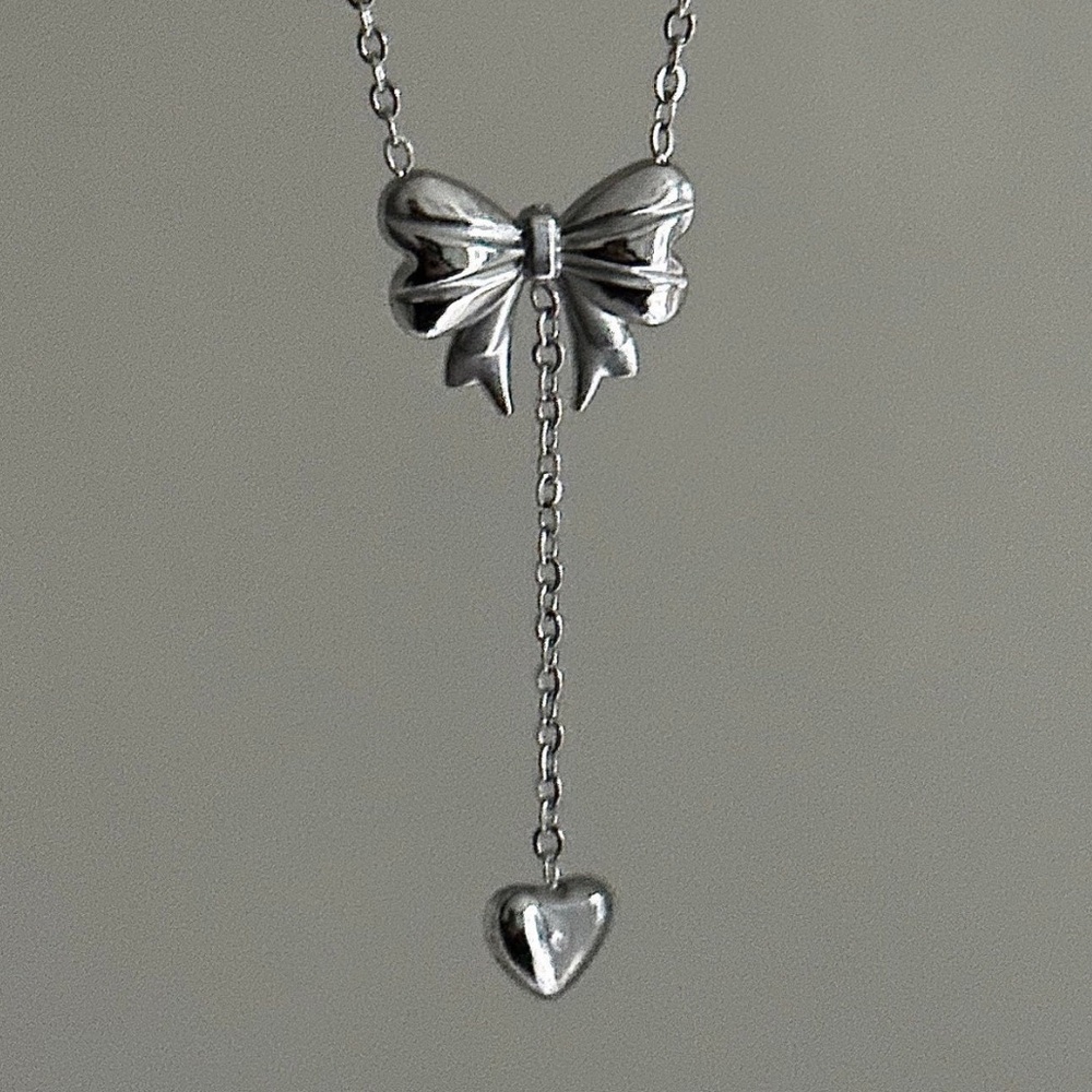 Mini Bow Drop Necklace in Silver Stainless Steel Tarnish Proof Cottagecore